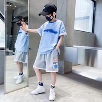 Summer Pu Re Cotton Short-sleeved Tops And Shorts Casual Boys Suit 120 šviesiai mėlyna spalva