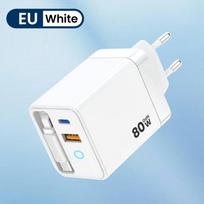 80W USB Type-C įkroviklis su įtraukiamu laidu, PD greitas įkrovimas, skirtas iPhone 17 16, nešiojamam kompiuteriui, Macbook, telefonui EU Plug balta