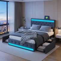 Dvigulė lova 160 x 200 cm su LED ir USB jungtimis - su 4 stalčiais - lininė - pilka
