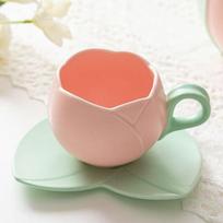 Tulip-Shaped Ceramic Coffee Cup & Saucer Set with Leaf Coaster, 100ml Elegant Espresso Tea Cups, Aesthetic and Practical rožinė