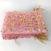 ABBY-300 PCS 9X12cm Heart Printed Pink Organza Bags Jewelry Pouch Bags Drawstring Pouches Wedding Favors Candy Gift Bags rožinė