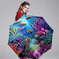 Automatic Folding Umbrella with Underwater Coral Reef & Nemo Fish Design - 8-Rib Portable Collapsible Marine Life Umbrella, Au
