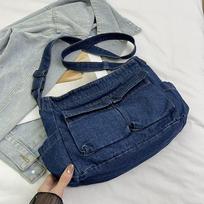 Causal Canvas Denim Messenger Bag Harajuku Blue Commuting Shoulder Pouch Multiple Pockets Korean Style Underarm Bag Women tamsiai mėlyna spalva