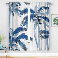 2Pcs Tropical Palm Curta No Rod Blue White Coastal Blackout For Living Room Bedroom Hotel Restaurant Decor 53x116cm 2pc21x46in