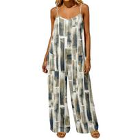 Women Casual Loose Fit Jumpsuit Vintage Style Sleeveless Backless Overalls Wide Leg Pants with Pockets Summer Romper L smėlis