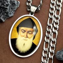 Orthodox Church Saint Charbel Glass Medal Pendant Necklace for Women Men Stainless Steel Gold Color Amulet Protection Jewelry