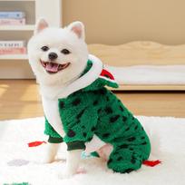 Autumn Winter Warm Frog Costume 4-Legged Pet Onesie for Small Dogs - Fluffy Warm Puppy Hooded Clothing (Cute Animal Style) L žalia