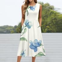 Women's Summer V Neck Casual Beach Dresses Pods Short Sleeve Striped Geometric Printed Dresses L mėlyna