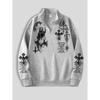 Gothic Tattoo Printed Short Zipper Top, Popular Street Zipper Pullover, Suitable for Casual Occasions, Is the Perfect Choice for Clothing S pilka