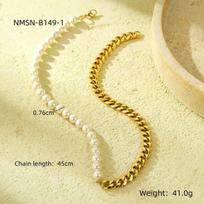 GEMCHIC Women's Pearl Chain Link Necklace 18K Gold Plated Titanium Steel Fashion Pendant Collar Chain