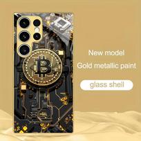 Bitcoin pattern metallic paint glass phone case suitable for Samsung Galaxy S26 S25 S24 S22 S21 S20 FE/Ultra/Plus anti drop GalaxyS21Ultra5G