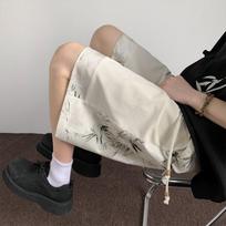 Unisex New Chinese Style Bamboo Print Patchwork Casual Shorts M balta