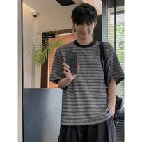Men's Beige And Gray Striped Textured Short Sleeve T Shirt M juoda