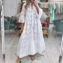 European, American summer and autumn French V-neck horn sleeve lace hollow solid color sexy long dress women XS balta