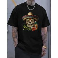 European Sizes Vintage Mexican Sugar Skull and Sombrero Graphic Tee, Heat Transfer Print, Cinco De Mayo S įvairiaspalvis