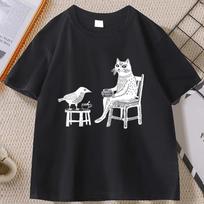 Coffee and Tea with Friends Graphic T-Shirt Men Women Funny Hipster Animal Drawing T Shirt Unique Cat Bird Tshirts Streetwear S įvairiaspalvis