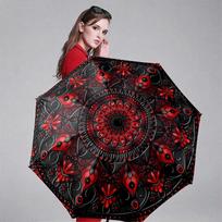 Automatic Folding Umbrella with Red & Black Mandala Floral Pattern - 8-Rib Compact Design, Portable Collapsible Umbrella with