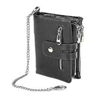 Mens Wallet with Chain Genuine Leather Purse RFID Blocking Bifold Double Zipper Coin Pocket with Anti-Theft Chain-Good