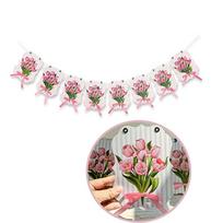 8Pcs Pink Tulip Paper Bunting Garland, 9.8ft Elegant Flower Banner with Bowknot, Aesthetic Wall Decor for Spring Picnic, Coffee