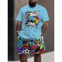 Men's Game Console Pattern 2-Piece Set: Short Sleeve T-Shirt & Shorts. Vibrant Graffiti Print Casual Suit for Summer, Beach & Streetwear S mėlyna