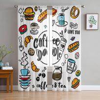 Miela Doodle kavinė Kavos arbata Permatoma užuolaida miegamojo svetainei virtuvės langui Voile tiulio užuolaida 135W x 114H(cm)