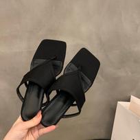 Fashion Fashion Round Toe Women Thin Heels Slippers Slides Female Flip Flops Sandals Spring Summer Ladies Heeled Slippers Shoes 35 juoda