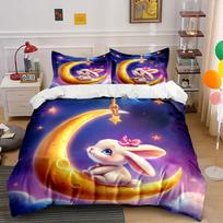 Cute Bunny On Crescent Moon Print Soft Comfortable Duvet Cover Bedding Set Included 1*Duvet Cover  2*Pillowcases Luxury Gift EU Twin 135X200cm&set