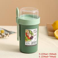 Bento Lunch Box Salad Oatmeal Breakfast Double Cup Cereal Nut Yogurt Container Set with Dressing Holder Fork Meal Preparation S žalia