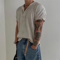 Men's Light Gray Waffle Knit Henley Neck Short Sleeve T Shirt M pilka