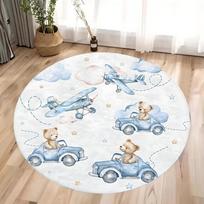 Round Bear Pilot Pattern Area Rug Kids Style Mat Non Slip Stain Resistant Durable for Children's Room Living Room Home Decor 80cm x 80cm