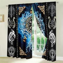 2Pcs Viking-Inspired Curta With Pirate Totem & Tree Of Life Design - Uv Protective, Semi-Transparent Polyester Drapes For Bed 53x116cm 2pc&Without mount