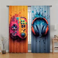 Gamepad And Headset Theme Print Drapes Room Darkening Window Curta For Home Decor,Rod Pocket Blackout Curta Bedroom 53x116CM&2 panels