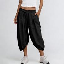 Women Elastic High Waist 3/4 Pant Casual Fit Wide Capris Leg Pants Trousers With Pockets L juoda