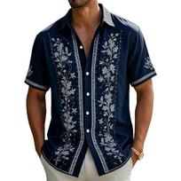 Men Short Sleeve Button Down Shirt Floral Embroidered Casual Fit Lapel Collar Lightweight Summer Top XXXXL tamsiai mėlyna