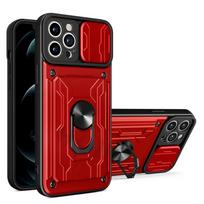Phone Case For iPhone 17 16 15 14 13 12 11 Pro Max Plus SE Slide Camera Card Slot Military Grade Ring 360 Magnetic Back Cover For iPhone 11Pro raudona