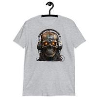 Cyborg Skull with Headset Graphic Print T-Shirt Mens Womens Tees Top Futuristic Men's Tee XL