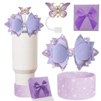 Silicone Water Cup Decoration Set with Gift Box Packaging Cup Boot Straw Hat Decoration Dust Plug Butterfly for Cup 30oz/40oz violetinė