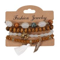 Bohemian Wooden Bead Bracelet: Leaf, Elephant, and Tassel Stretch Bracelet for Girls