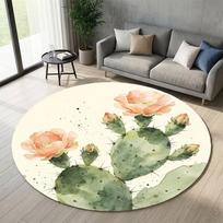 Watercolor Cactus Flower Round Area Rug Soft Non-Slip Boho Succulent Print Floor Mat Desert Plant Carpet for Living Room 80cm x 80cm