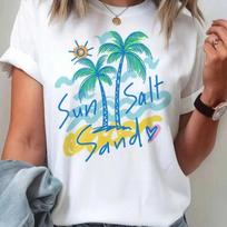 Sun Sult Sand Summer Beach Print Summer Travel Leisure Round Neck Short Sleeved Women's Top Summer Fashion T-Shirt Clothing S įvairiaspalvis