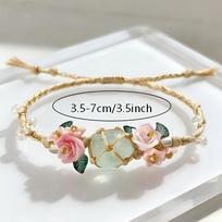 Bohemian-style Hand-woven Rope Bracelet Adorned with a Pink Rose Pendant and Green Crystal Stones Vintage Adjustable Handmade Jewelry žalia