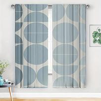 2Pcs Mid-Century Geometric Curta No Rod — Light Blue & Cream Circle Pattern, Sheer Polyester For Living Room, Bedroom, Door 53x116cm 2pc21x46in