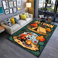Cartoon Fox Camping Autumn Theme Rug with Tent and Fire Design. Suitable for use as an anti-slip for living room bedroom sofas 40x60cm( 15x23in )