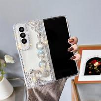 Skirtas „Samsung Galaxy Z Fold 4“ dėklui, mielas moterims, merginoms, prabangus 3D rankų darbo „Sparkle Pearl“ dirželis, deimantinis „Bling“ blizgus dangtelis Galaxy Z Fold