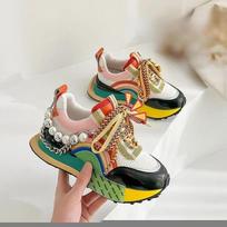 Fashion New Lace Up Iridescent Pearl Chain Decorative Women's Vulcanized Shoes Women's Platform Sneakers  Women Shoes 35