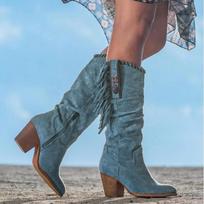 Fashion Autumn Winter Bestseller Western Fringed Frosted Knee High Boots Women's Chunky Heel Slouchy Boots Leg-Lengthening Rubber Sole 34 mėlyna