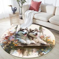 Two Huskies pattern round rug,Carpet Rug for Living Room Bedroom  Playroom ,Non-slip Floor Mat,Holiday Gifts and Birthday Gifts. 80cmx80cm