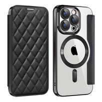 Applicable to iPhone16 rhombus Xiaoxiangfeng mobile phone case Apple 15 electroplated magnetic lambskin flip 1413 leather case iPhone16 juoda