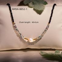 GEMCHIC Women's Black Spinel Natural Stone Pearl Stainless Steel Beaded Necklace Layered Delicate Choker