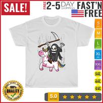 Death Metal Rock Music Rainbow Grim Reaper Riding Unicorn T Shirt Mens Womens Tees Top Men Women New S